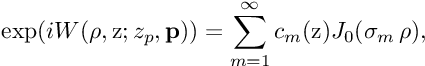 {\exp(iW(\rho,\mathrm{z}; z_p, \mathbf{p})) = \sum_{m=1}^{\infty} c_m(\mathrm{z}) J_0(\sigma_m\, \rho)}