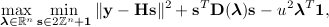  max_{bm lambda in mathbb R^n}  min_{{mathbf s} in 2 mathbb Z^n + mathbf 1} | {mathbf y} - {mathbf H}{mathbf s} |^2  + mathbf s^T mathbf D(bm lambda) mathbf s - u^2 bm lambda^T mathbf 1, 